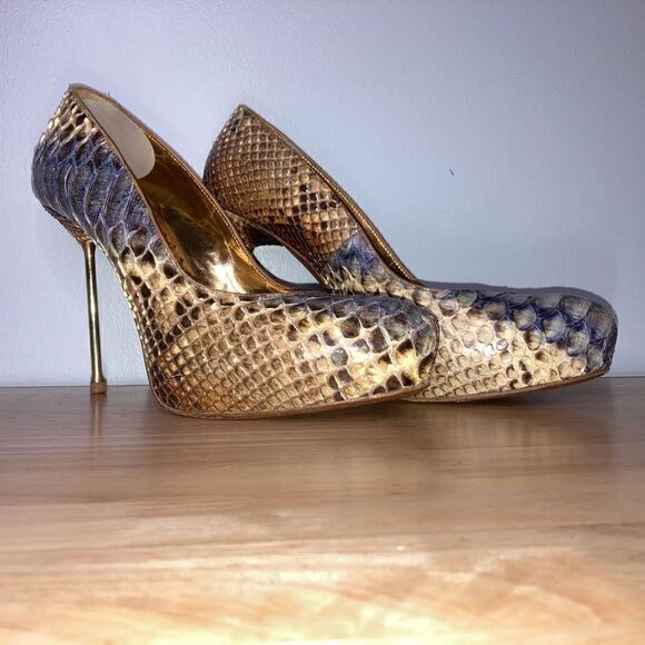 Francesco Sacco, Authentic & Exotic Python Snakeskin Gold Metal Spike Stilettos - Picture 6 of 14
